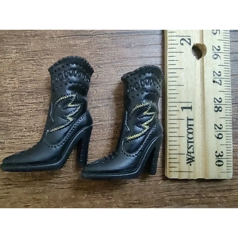 Barbiee Boots Black Mid Calf  Gold Feather Design High Heel Articulated Z31